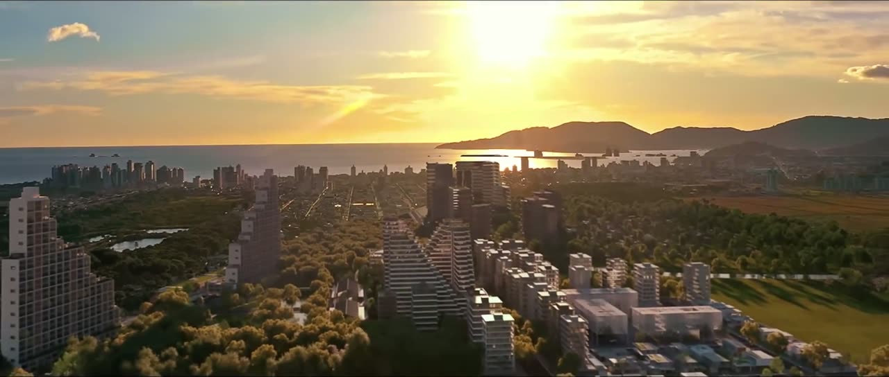 Vista aérea do masterplan do Vivapark Porto Belo ao entardecer